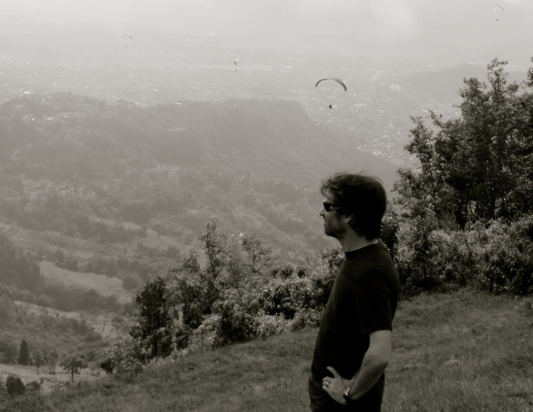 Contemplating life, pros and cons, pre-paragliding leap. 